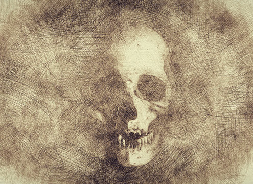 Halloween skull drawing in pencil doodles style - Gold wallpaper