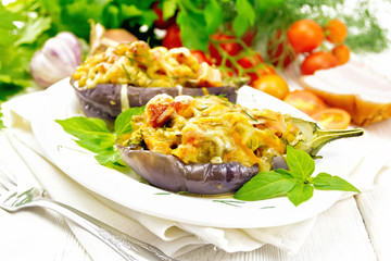 Eggplant stuffed smoked brisket in plate on table