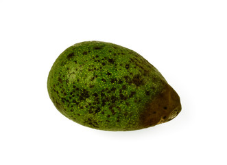 Rotten avocado from the fridge, spoiled fruits. Isolated on white background. Drops of condensation on the skin. Storage violation. Persea americana. Green berry.