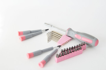 Set of different screwdrivers with hex and keys and screwdriver bits