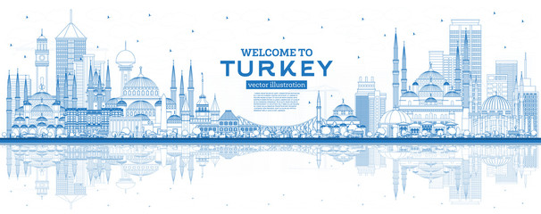 Outline Welcome to Turkey Skyline with Blue Buildings and Reflections.