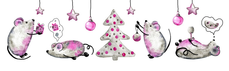 Horizontal banner with white metal rats, mouse, symbol of the New Year 2020, decorate the Christmas tree and get ready for a family holiday. Hand drawn watercolor illustration.