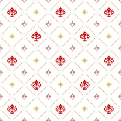 Seamless pattern. Modern geometric ornament with red royal lilies. Classic vintage background