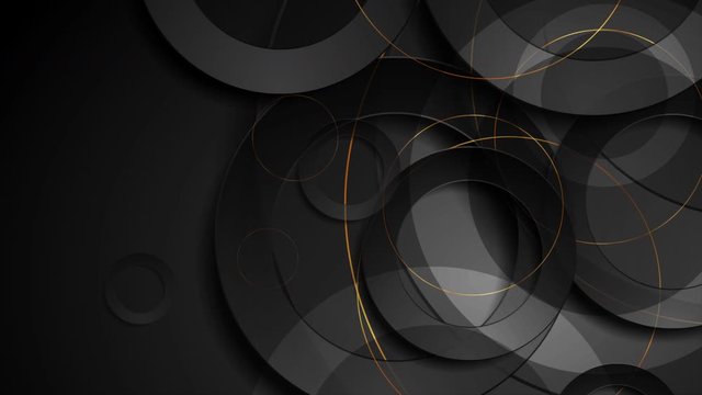 Dark geometric motion background with abstract golden and black circles. Seamless looping. Video animation Ultra HD 4K 3840x2160