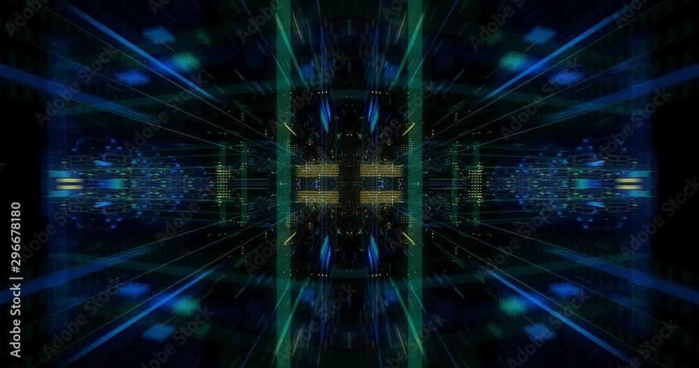 Poster seamless loop abtract internet of things motion background. flying through virtual cyberspace with n