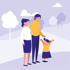 couple of parents and daughter in park in the city, scene of people outdoor