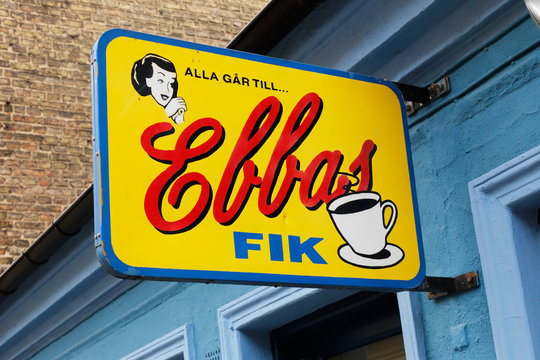 Helsingborg, Sweden - April 14, 2017: Close-up of the sign above the antrance to the retro cafe Ebbas fik, located at Bruksgatan 20 in the city centre.