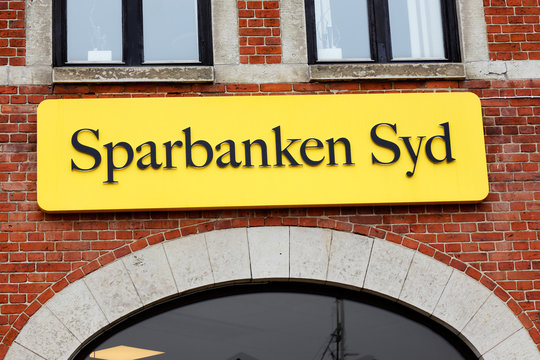Tomelilla, Sweden - April 15, 2017: The Sparbanken Syd bank sign and logo at the bank office in the city center.