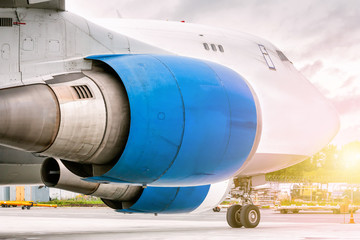 Close-up of the front of a large wide body cargo airplane at the parking