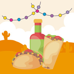 Mexican taco and burrito with hot sauce