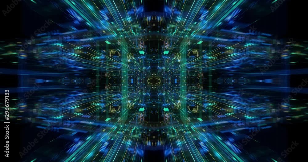 Poster seamless loop abtract internet of things motion background. flying through virtual cyberspace with n