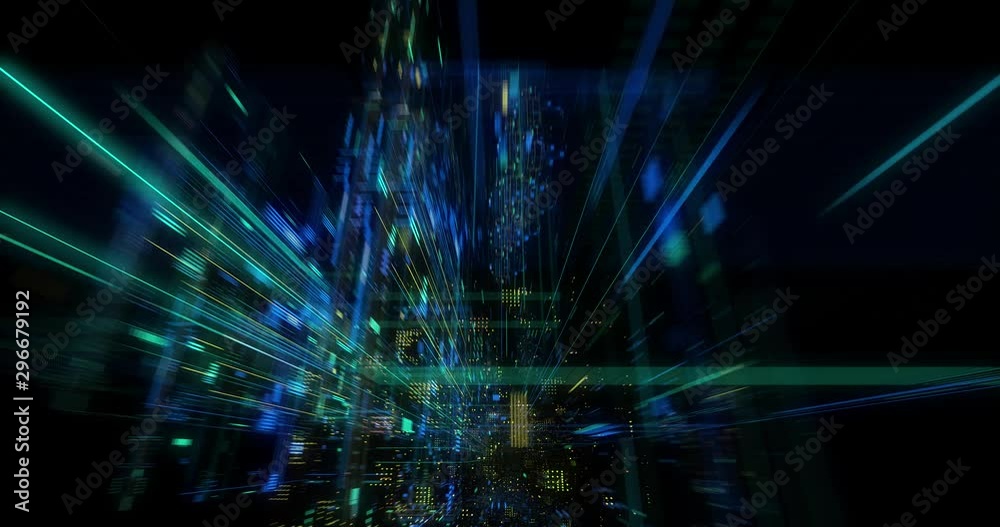 Poster seamless loop abtract internet of things motion background. flying through virtual cyberspace with n