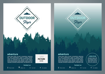 Set of two vector outdoor flyer, brochure, background design with forest silhouette in green color