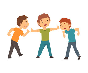 Fototapeta premium Child does not allow two of his friends to fight cartoon vector illustration