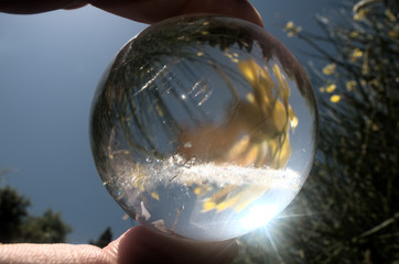 Quartz sphere with inclusions lensing a scene in a Tuscan garden