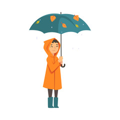 Child in a raincoat stands under an umbrella cartoon vector illustration