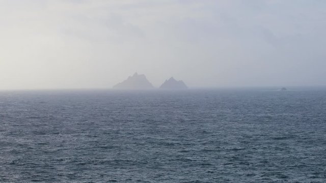 footage of the skellig islands off the coast of the ring of kerry in southern Ireland, a filming location for the star wars movies