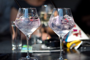 Closeup of cocktail in elegant glasses