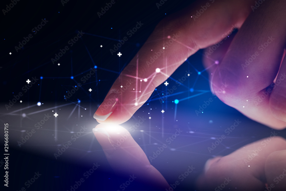 Poster finger touching tablet with global network concept and dark background