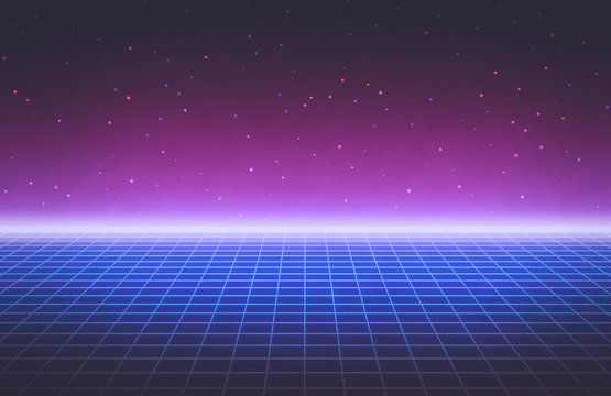 80s Style Retro Futurism Sci-Fi Background. Abstract Glowing Neon Grid. Suitable For Banner, Poster Design. 3d Rendering