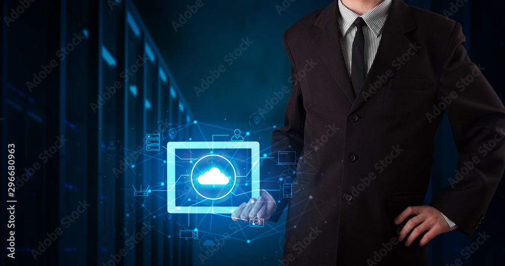 Poster formal hand in server room with virtual workspace concept