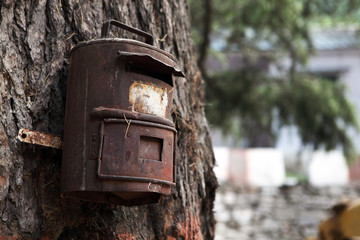 Old style letterbox installed by Indian Postal Department in Uttrakhand Himalayan Region, India