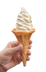 Asian woman hand holding soft white cream milk ice cream cone on isolated white background.