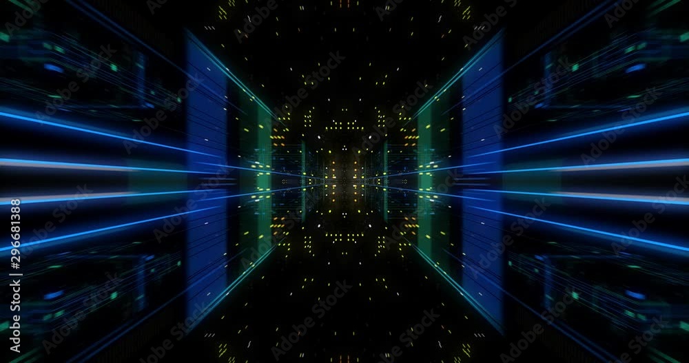 Poster seamless loop abtract internet of things motion background. flying through virtual cyberspace with n