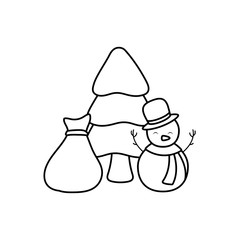 cute snowman with bag of gifts and christmas tree on white background