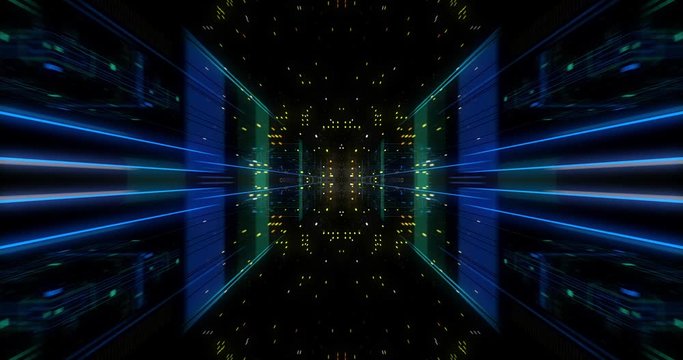 Seamless Loop Abtract Internet of Things motion background. Flying through virtual cyberspace with neon lines and dots elements. Communication network. 3D render