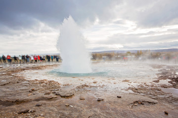 Scenic picture of Strokkur Geyser while erupting, Iceland