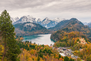 Fototapeta premium View of Alpsee lake and Hohenschwangau castle from Neuschwanstein castle.Bavaria.Germany
