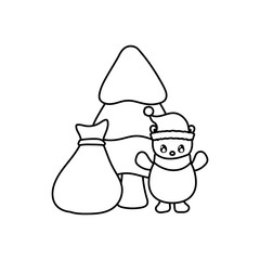 polar bear with bag of gifts and christmas tree on white background