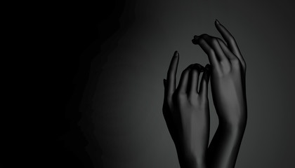 Art for the presentation of jewelry. Beautiful black hands on black background. 3D rendering.