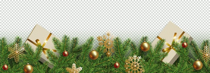 Christmas, New Year border Realistic branches Christmas tree, ball, snowflake, gift box