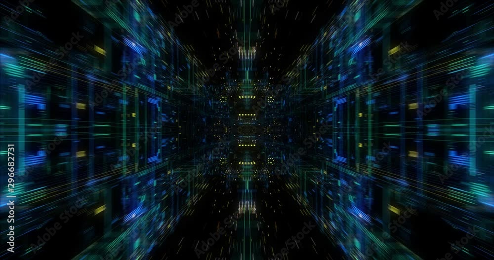 Poster seamless loop abtract internet of things motion background. flying through virtual cyberspace with n