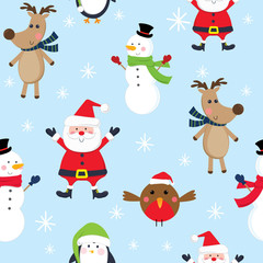 Seamless cute Christmas character, santa, snowman, reindeer, penguin, and robin design