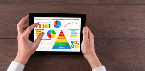 Business hand with tablet making analyses and checking the daily calories