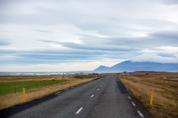 Scenic landscape view of Icelanding road and beatuiful areal view of the nature