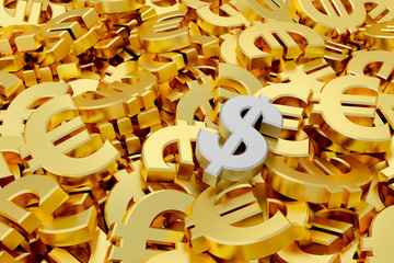 Silver dollar sign in the midst of golden euro signs. 3D rendering.