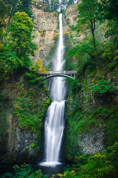 Beautiful Cascading Waterfall Multnomah Falls with Scenic Stone Bridge