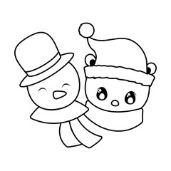 head of snowman and polar bear with hat and scarf on white background