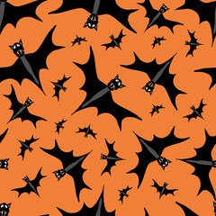 Bats, cartoon characters, on orange background. Vector seamless pattern.