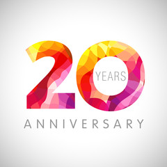 20 th anniversary numbers. 20 years old multicolored logotype. Age congrats, congratulation art idea. Isolated abstract graphic design template. Coloured 2, 0 digits. Up to 20% percent off discount.