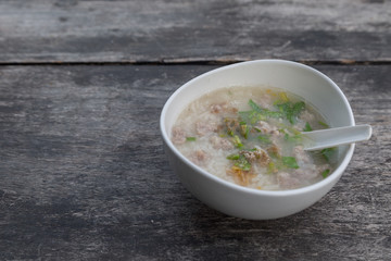 Boiled pork on wooden table Breakfast Thai style