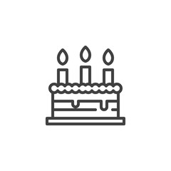 Birthday cake line icon. linear style sign for mobile concept and web design. Cake with three candles outline vector icon. Symbol, logo illustration. Vector graphics