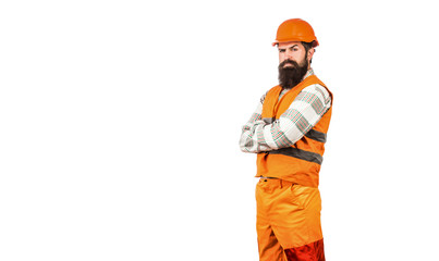 Man builders, industry. Worker in construction uniform. Architect builder. Bearded man worker with...