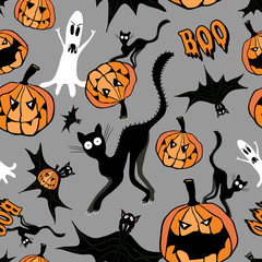 Halloween, funny, pumpkins, cats, ghosts, bats, cartoon, characters on gray background. Vector seamless pattern.