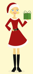 Woman in Santa outfit holding a gift