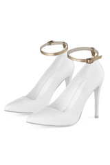 Object photo of a white leather high heels with light golden shoe straps on a top of shoes. The...